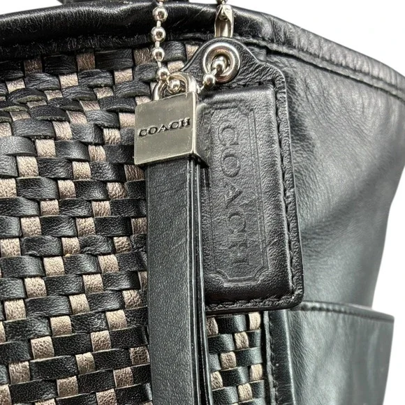 Coach F31285 Black Woven Leather Tote Shoulder Bag Zip Top Classic Everyday - Picture 4 of 13